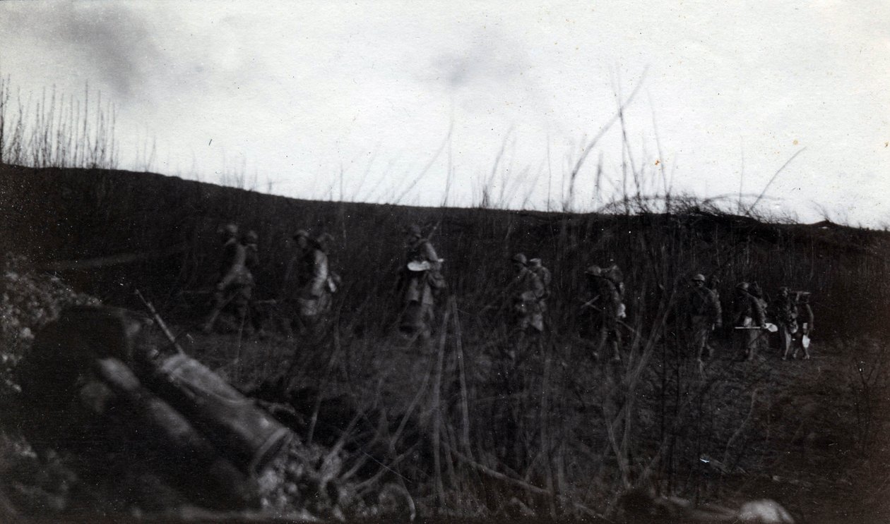 First World War: a group of soldiers marching on Rocour (Saint Quentin) (Aisne) by French Photographer