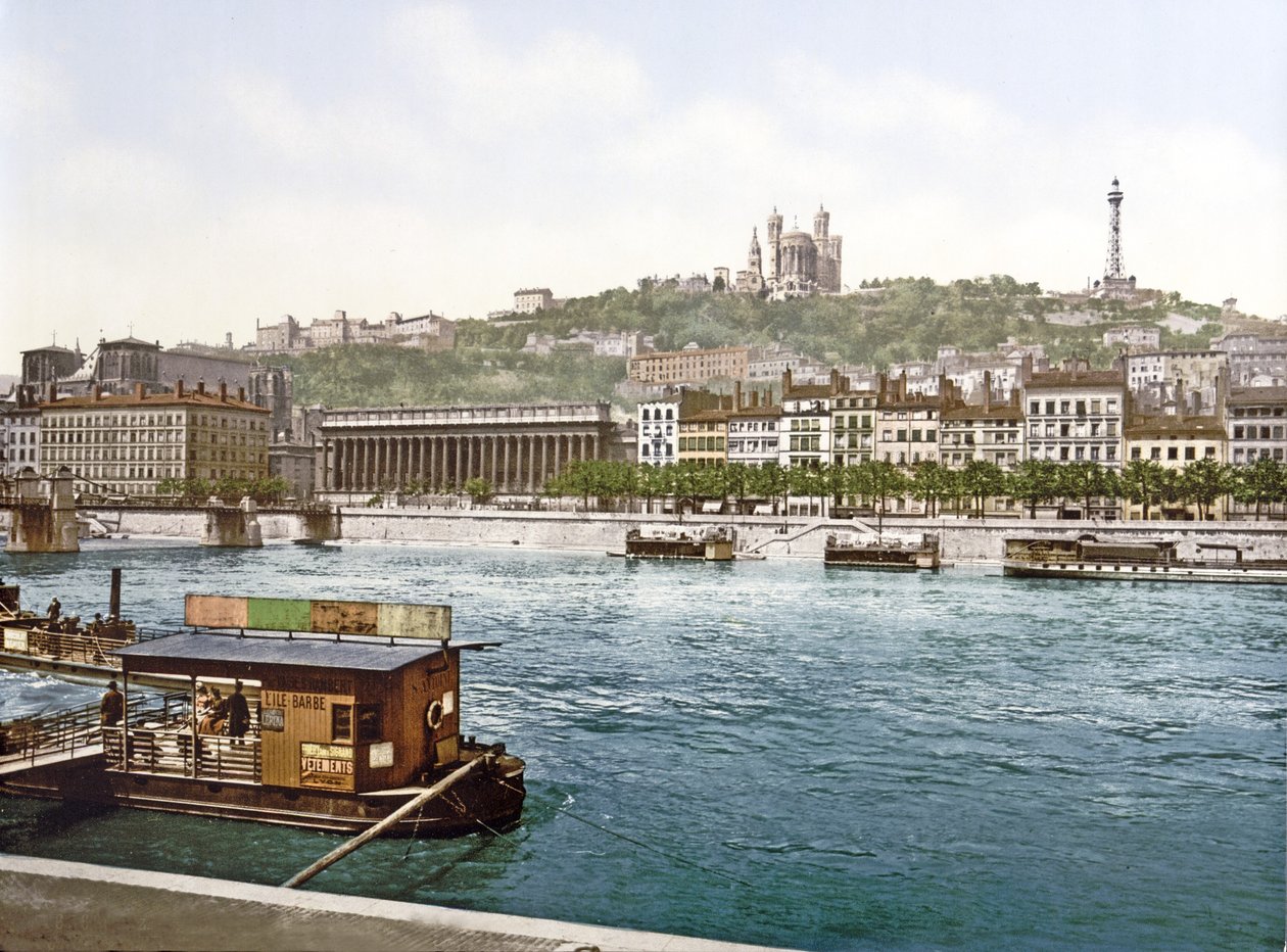 Fourvière from St. Antoine Quay, Lyons, pub. c.1900 by French Photographer