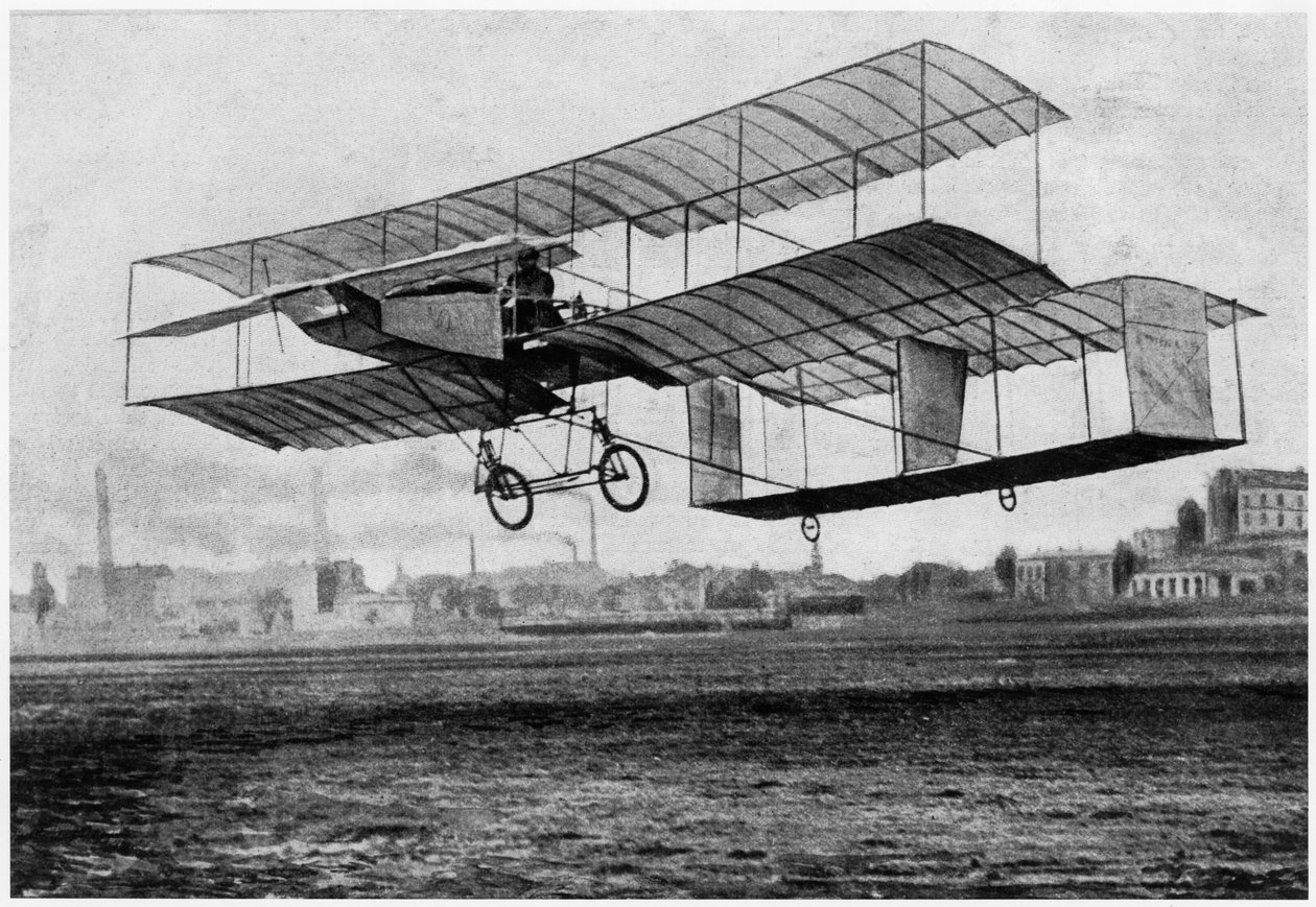 Henri Farman at Issy-les-Moulineaux in his plane the Voisin-Farman 1 by French Photographer