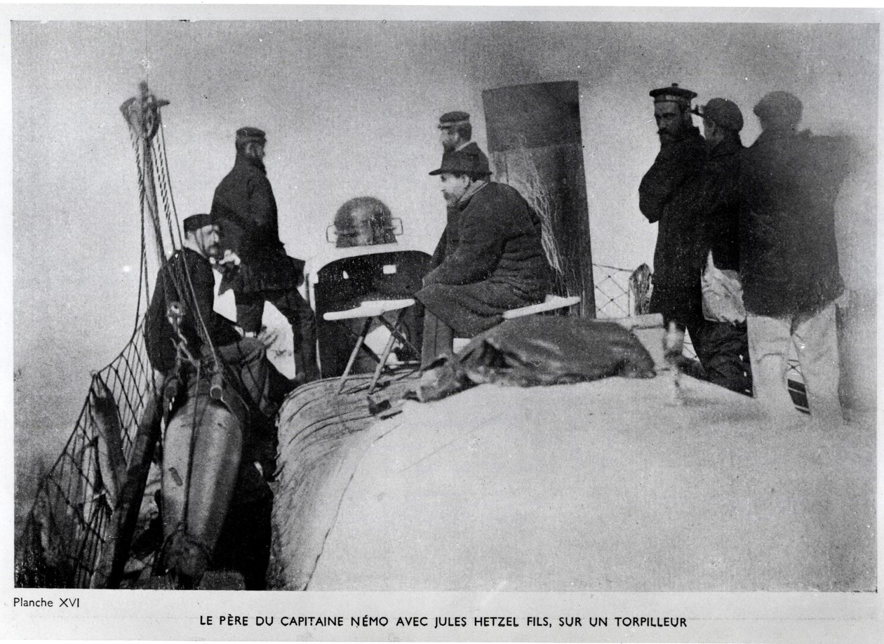 Jules Verne (1828-1905) and Jules Hetzel Son on a Torpedo by French Photographer