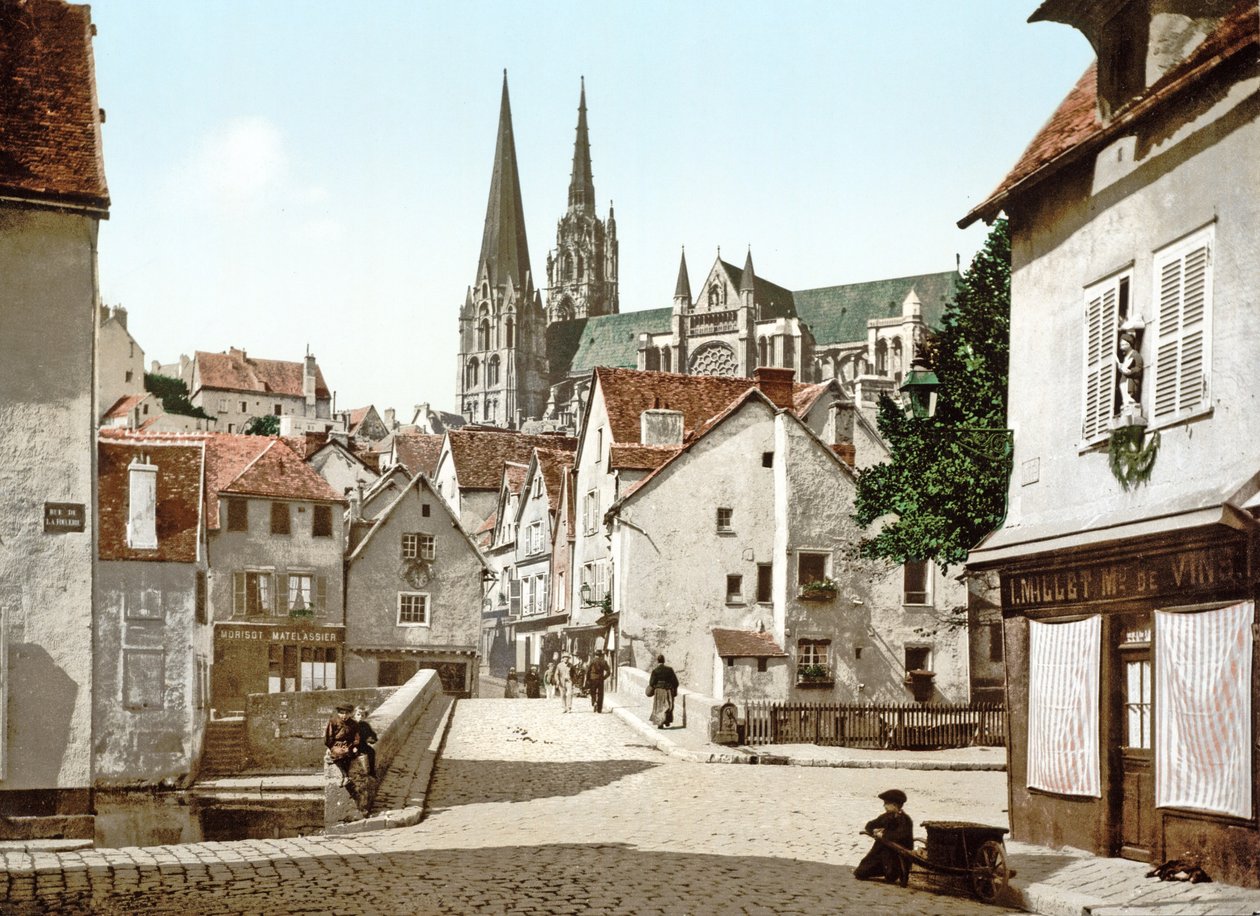 Looking Down a Street in Chartres with the Cathedral in the Background, 1890-1900 by French Photographer