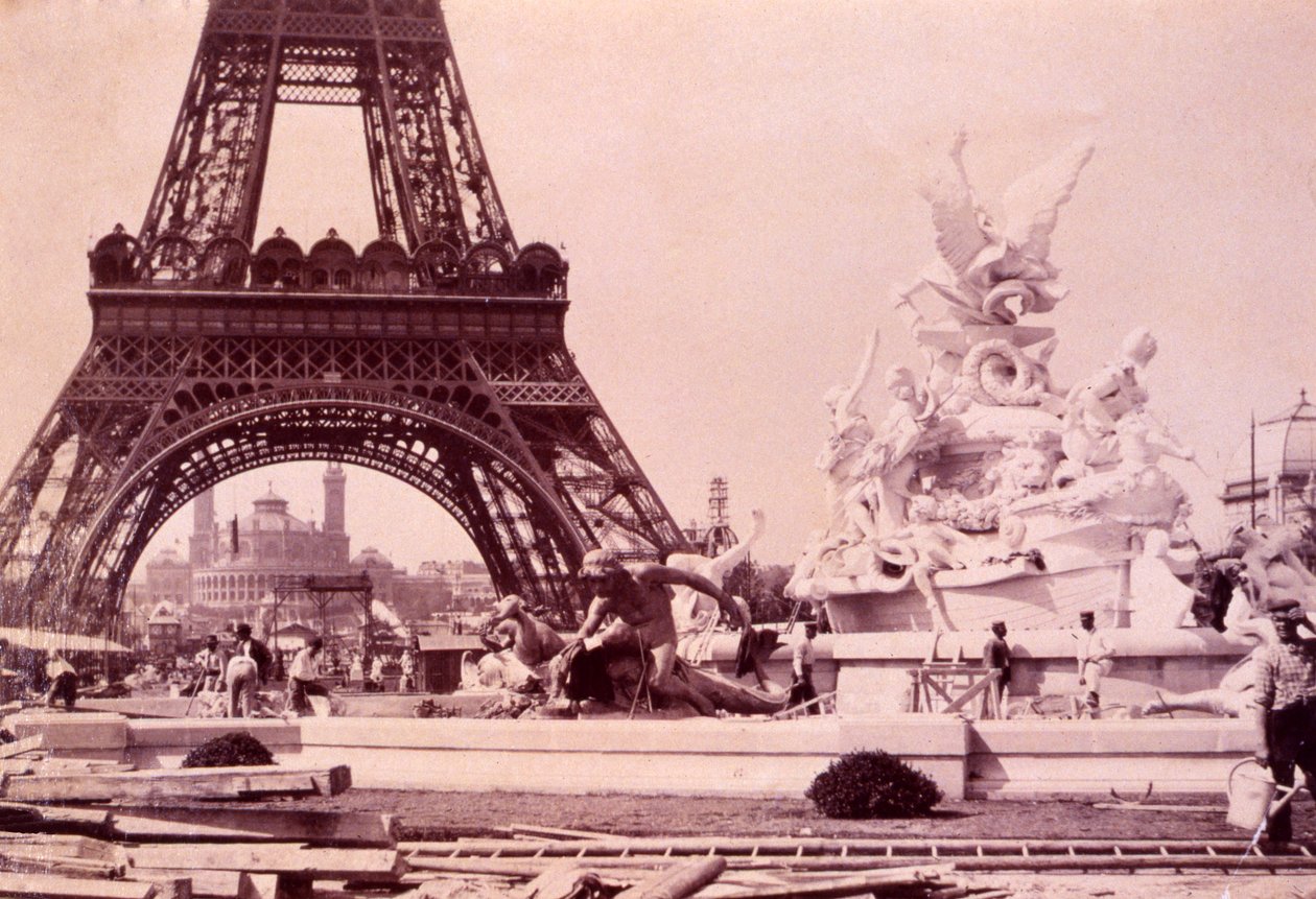 Men building the Fountain St. Vidal near the Eiffel Tower, c.1888 by French Photographer
