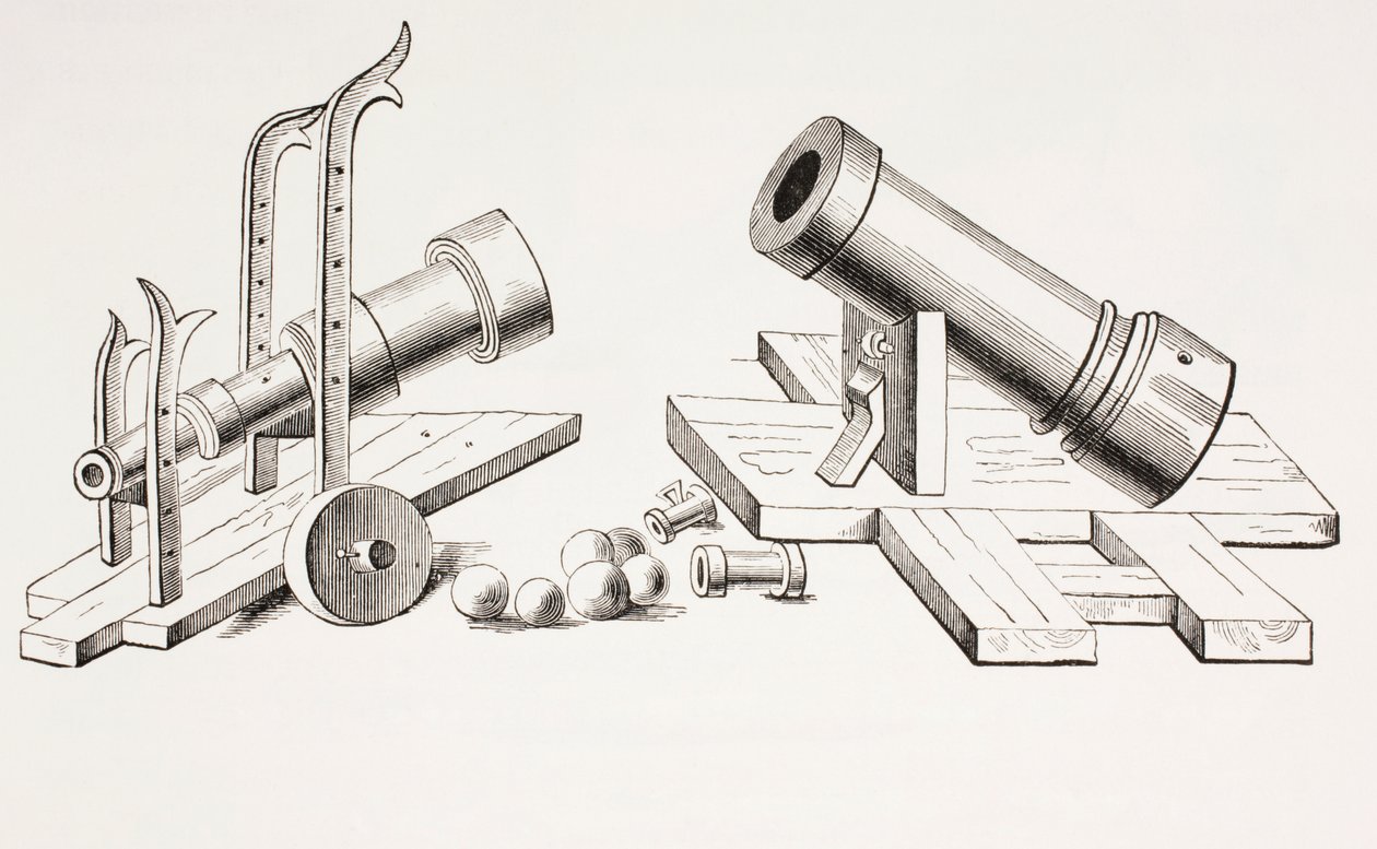 15th century cannons, with fixed gun carriage (right) and rolling gun carriage (left) from Les Arts au Moyen Age, published 1873 by French School
