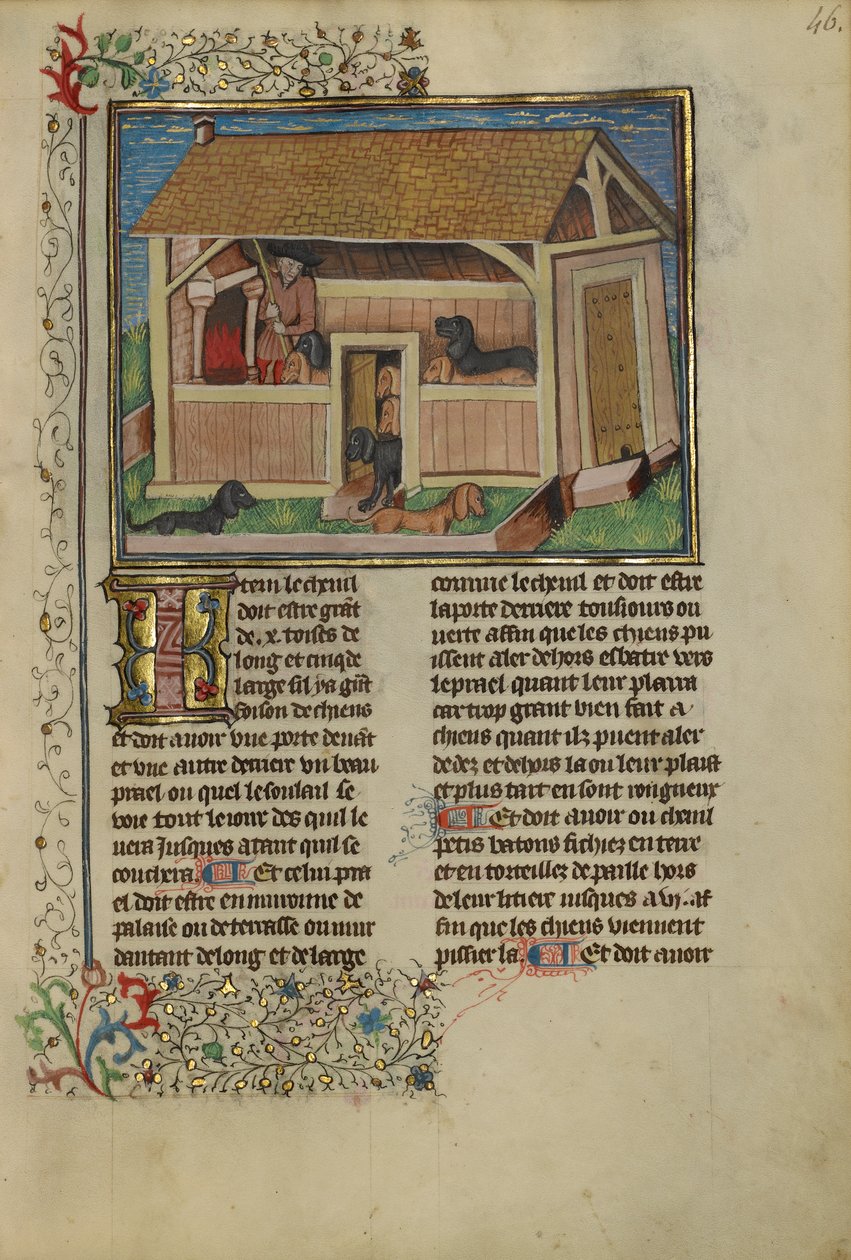 A Hunter Attending to Kenneled Dogs by French School