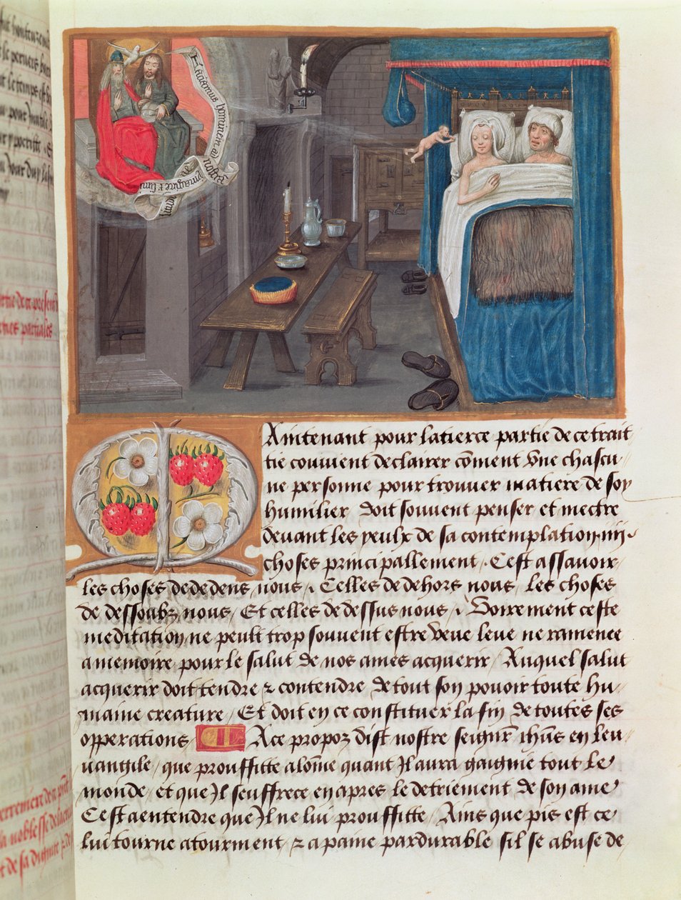 A Married Couple in Bed Receiving a Child from the Holy Trinity by French School