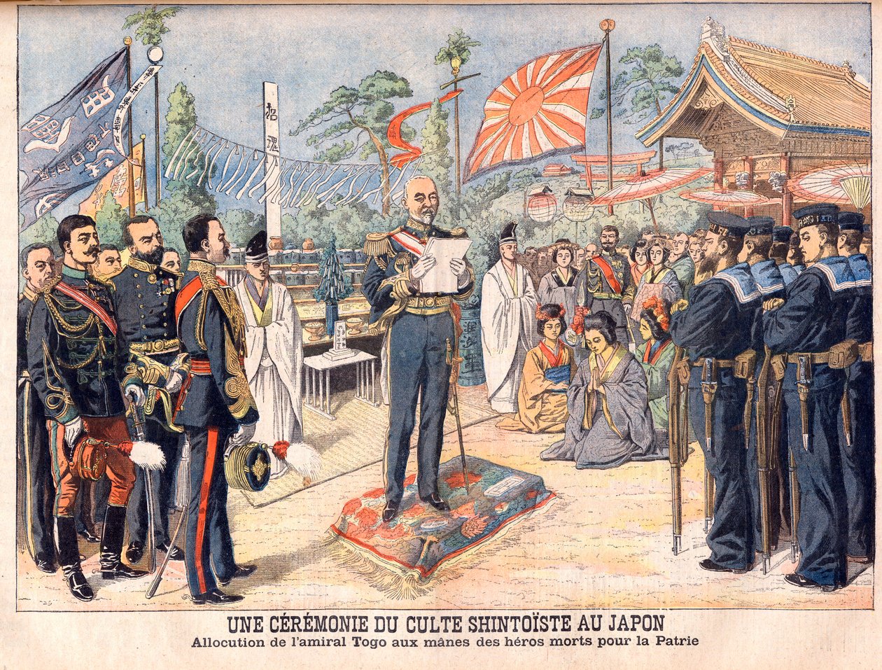A Shinto ceremony in Japan. Admiral Togo addressing the spirits of Japanese heroes killed in the Russo-Japanese War. Illustration for Le Petit Journal by French School