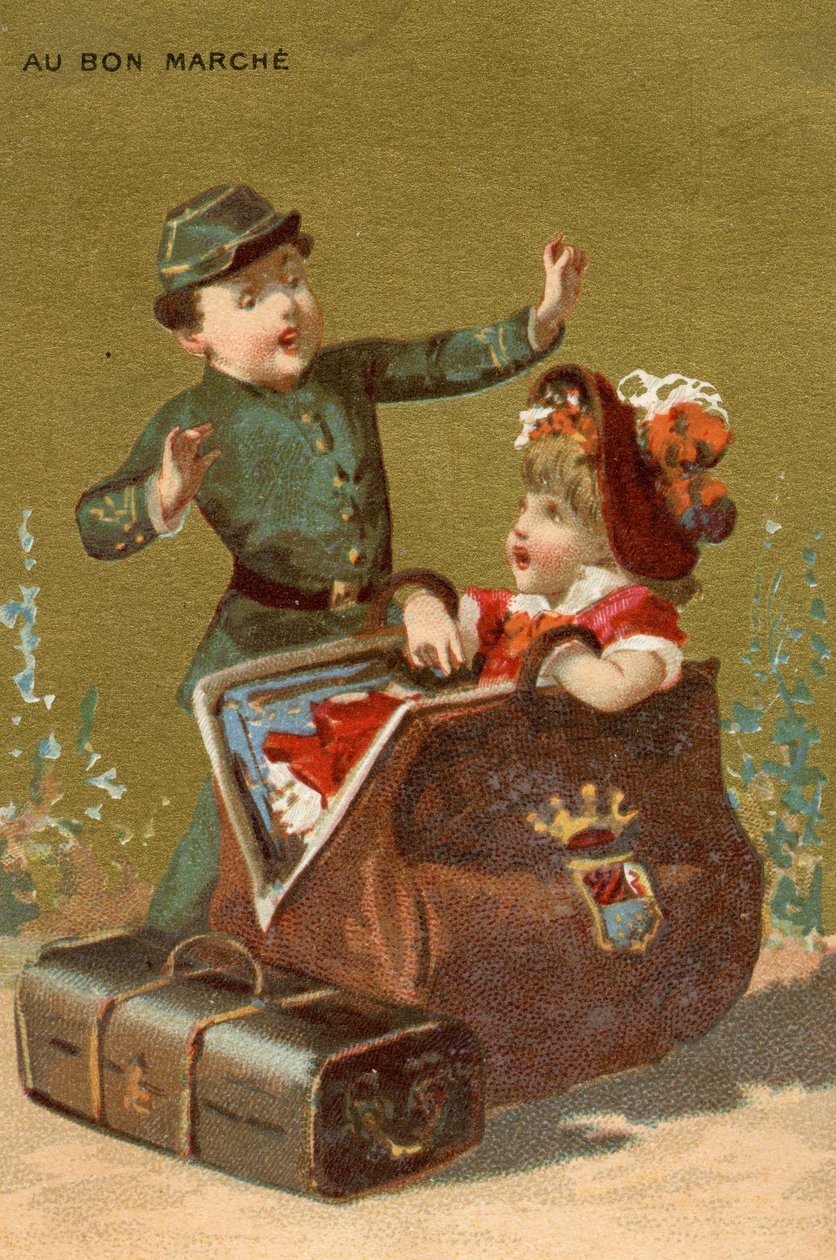 A Surprise in the Luggage, from a series of illustrations of children, produced as promotional cards for the Bon Marché Department Store in Paris, c.1890 by French School