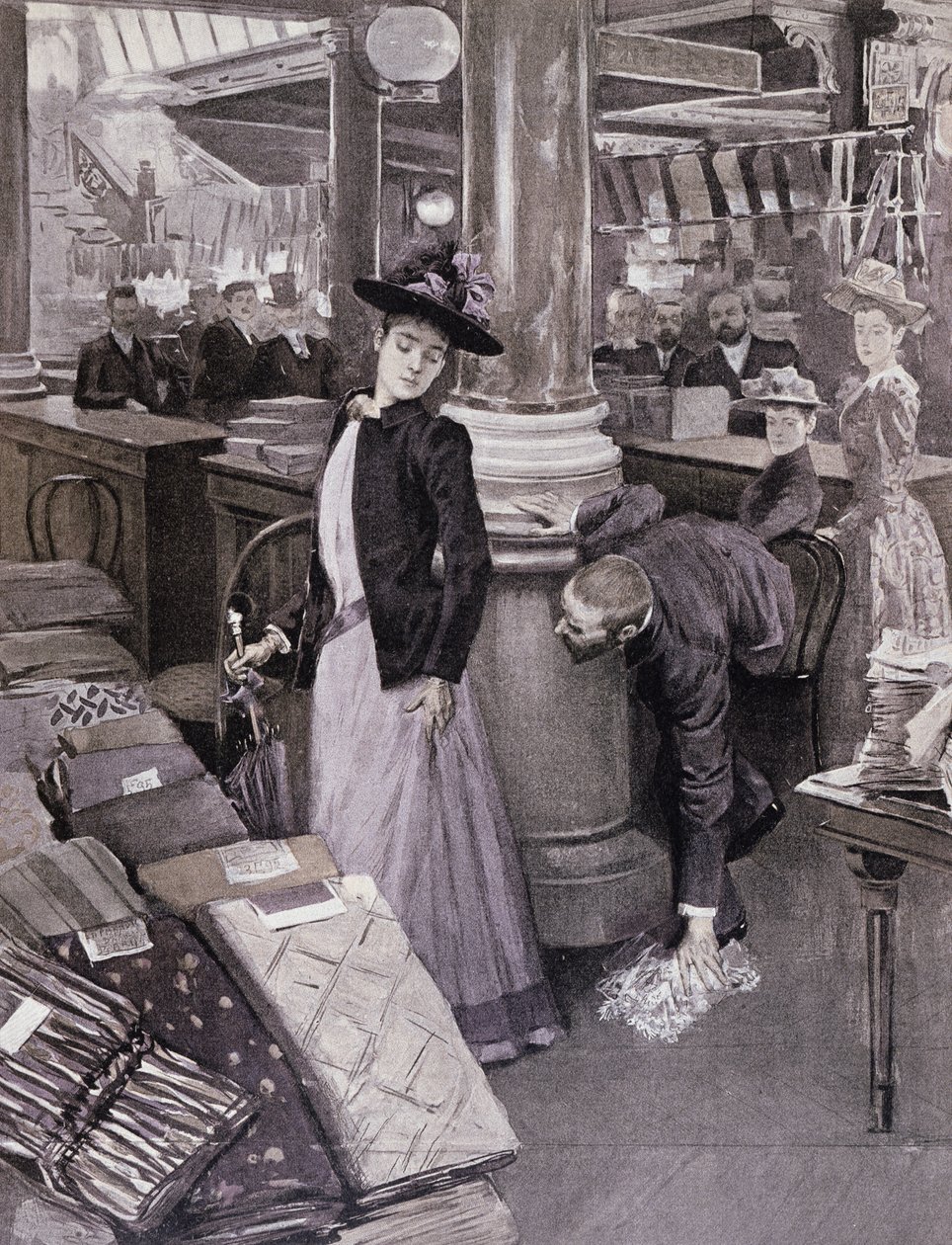 A Thief in a Department Store in Paris, illustration from Paradis des Dames by French School