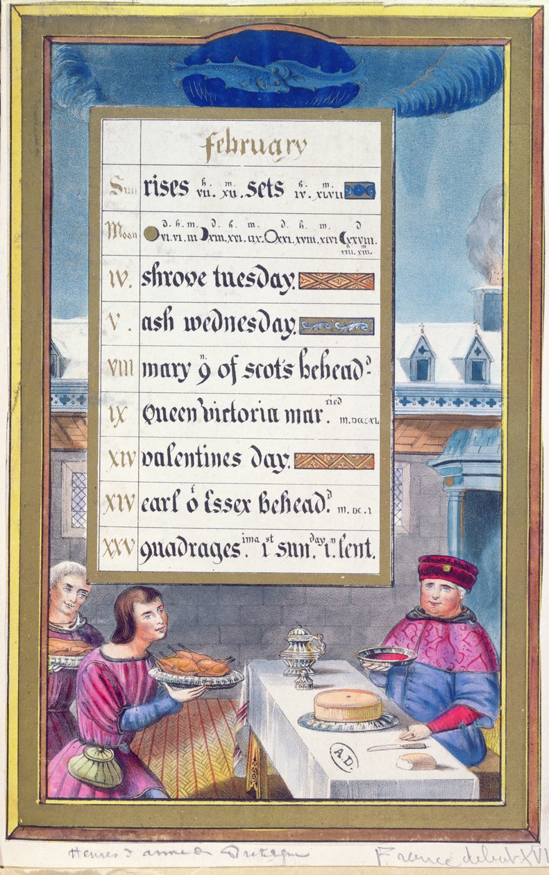Victorian calendar sheet for February with an illustration from the Book of Hours of Anne de Bretagne by French School