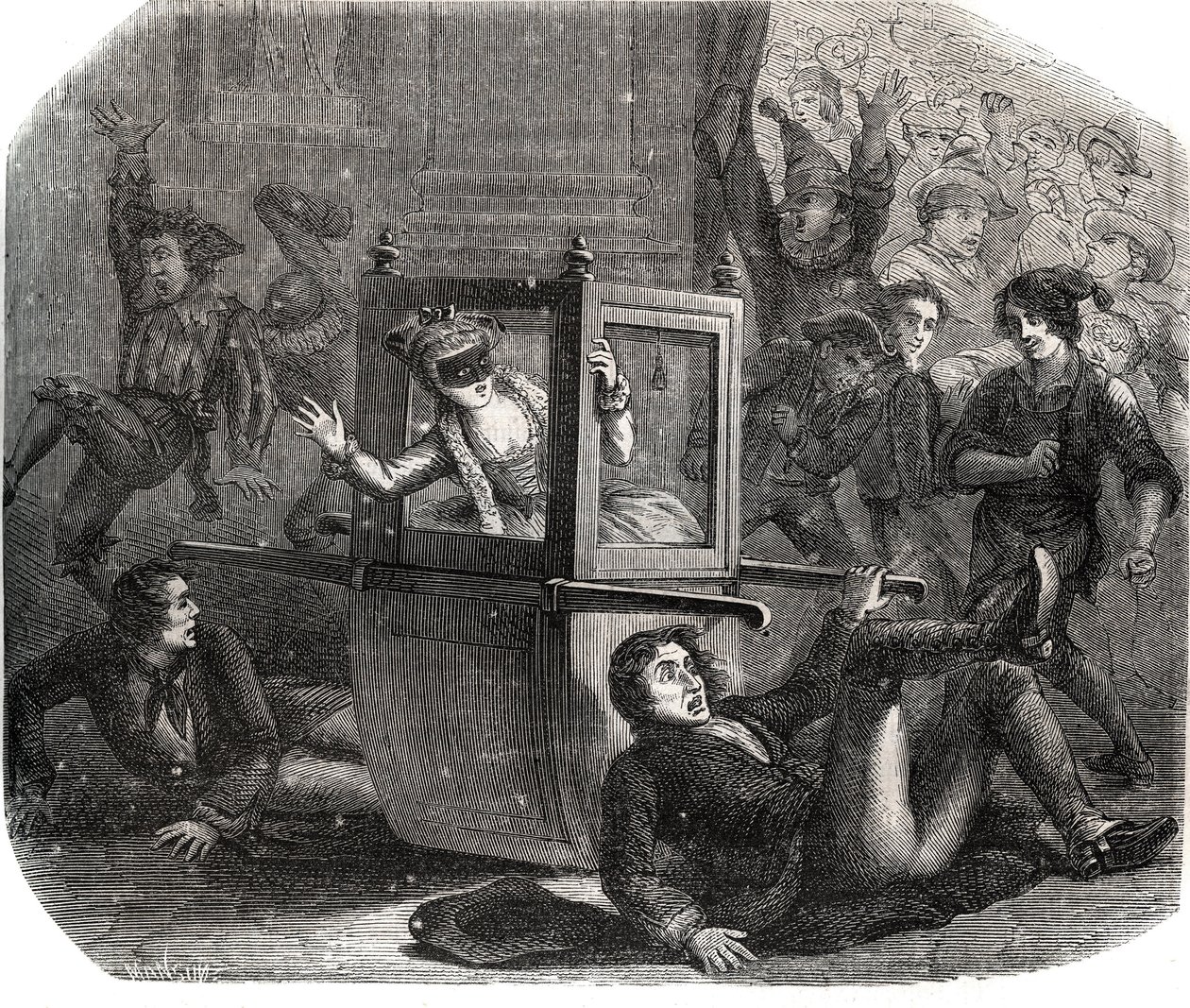 A band of jokers keeps Marie-Therese Le Vasseur (1721-1801), a costume for the Carnival, from advancing in her wheelchair. She