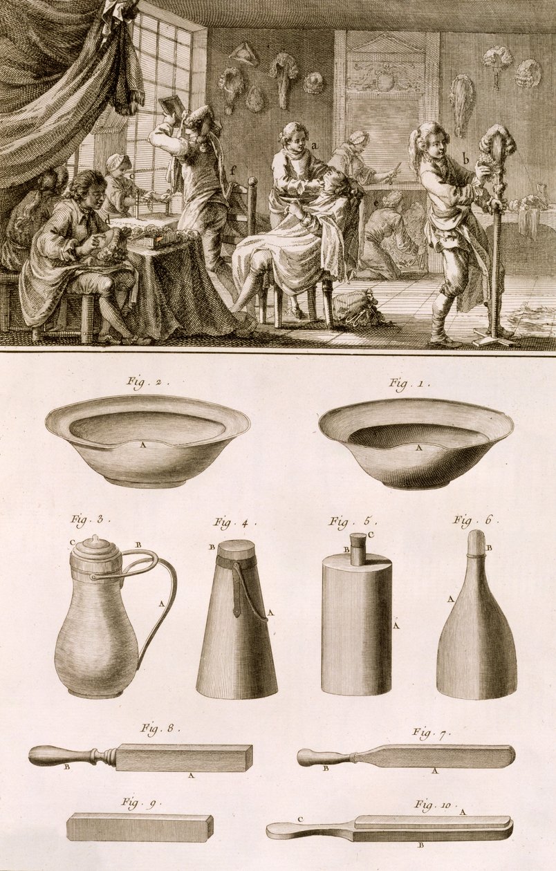 A barbershop and barber tools, from the Encyclopedie des Sciences et Metiers by Denis Diderot published c.1770 by French School