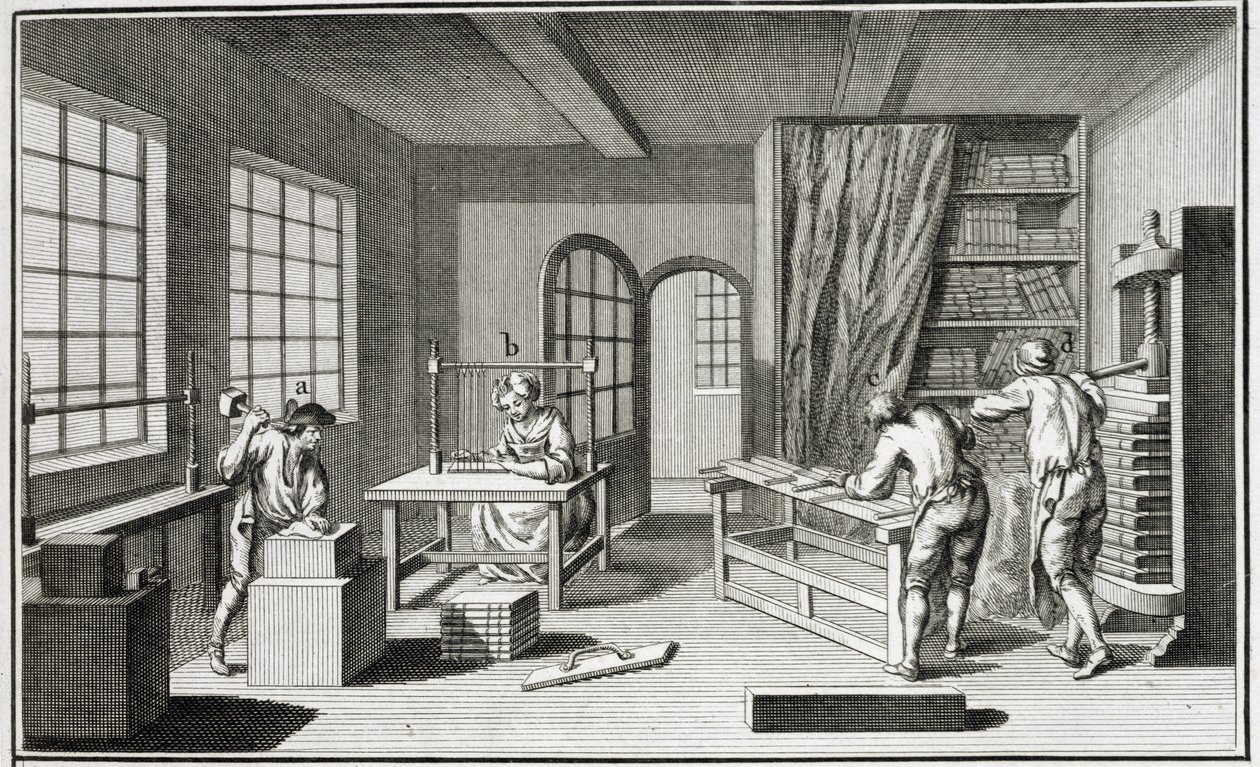 A bookmakers workshop, from the Encyclopedie des Sciences et Metiers by Denis Diderot published c.1770 by French School