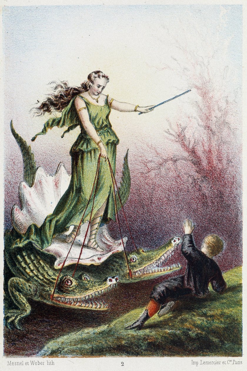 A Boy in Front of a Woman Mounted on a Tank Driven by Two Crocodiles - in Journey to the Bottom of the Sea by H. de la Blanchère by French School