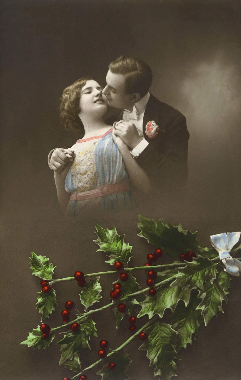 A Couple in Love and Holly Branches. Postcard Early 20th Century by French School