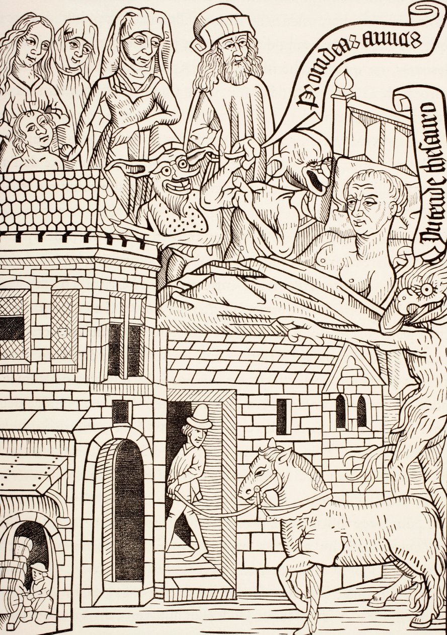 A dying sinner surrounded by his family and two devils whisper in his ear, page from the 15th century text Ars Moriendi or The Art of Dying, from Les Artes au Moyen Age, published 1873 by French School