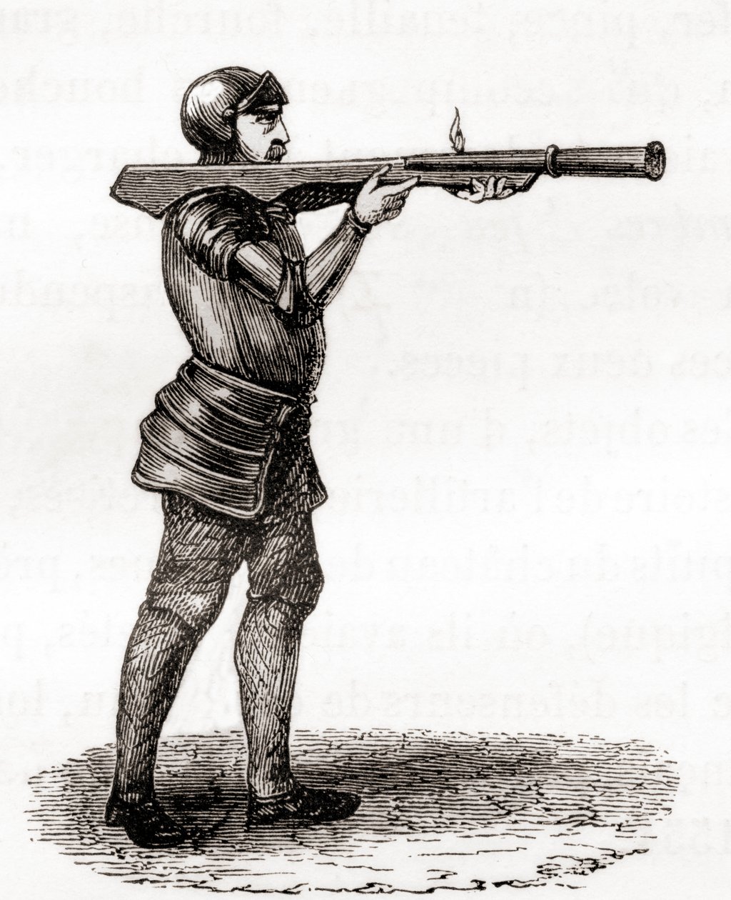 A foot soldier using a hand held bombard, late 14th and 15th centuries, after a 19th century drawing, from Les Merveilles de la Science, published c.1870 (engraving) by French School