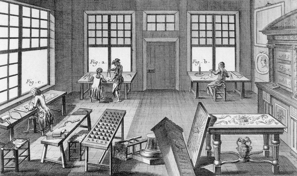 A furniture inlayers workshop, from the Encyclopedie des Sciences et Metiers by Denis Diderot published c.1770 by French School