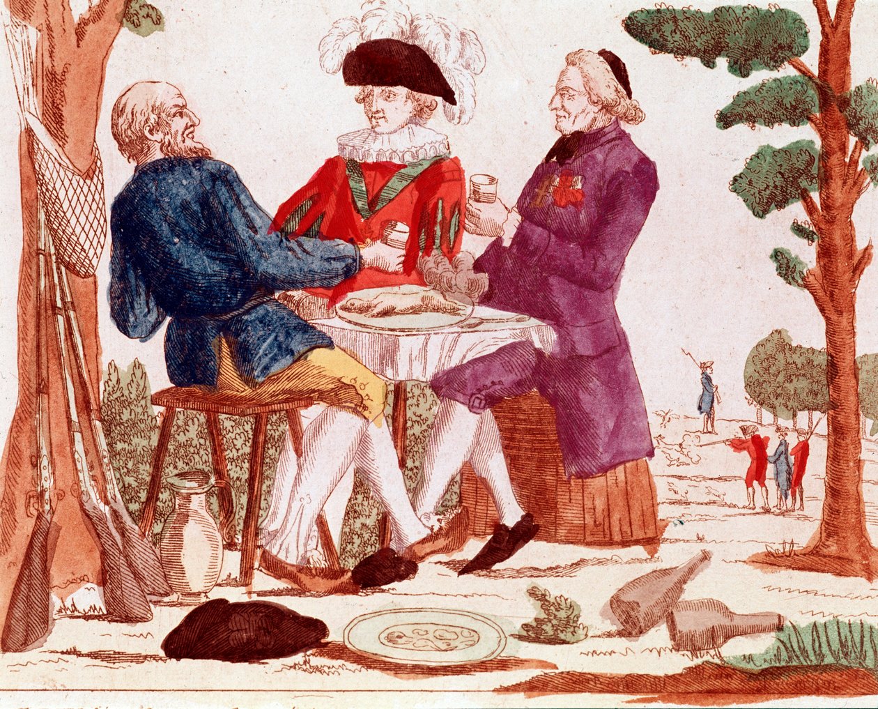 A peasant, clergy and aristocrat eat a rabbit together at a table, in the right background a hunting scene, on the left, three guns, August 1789 (engraving) by French School