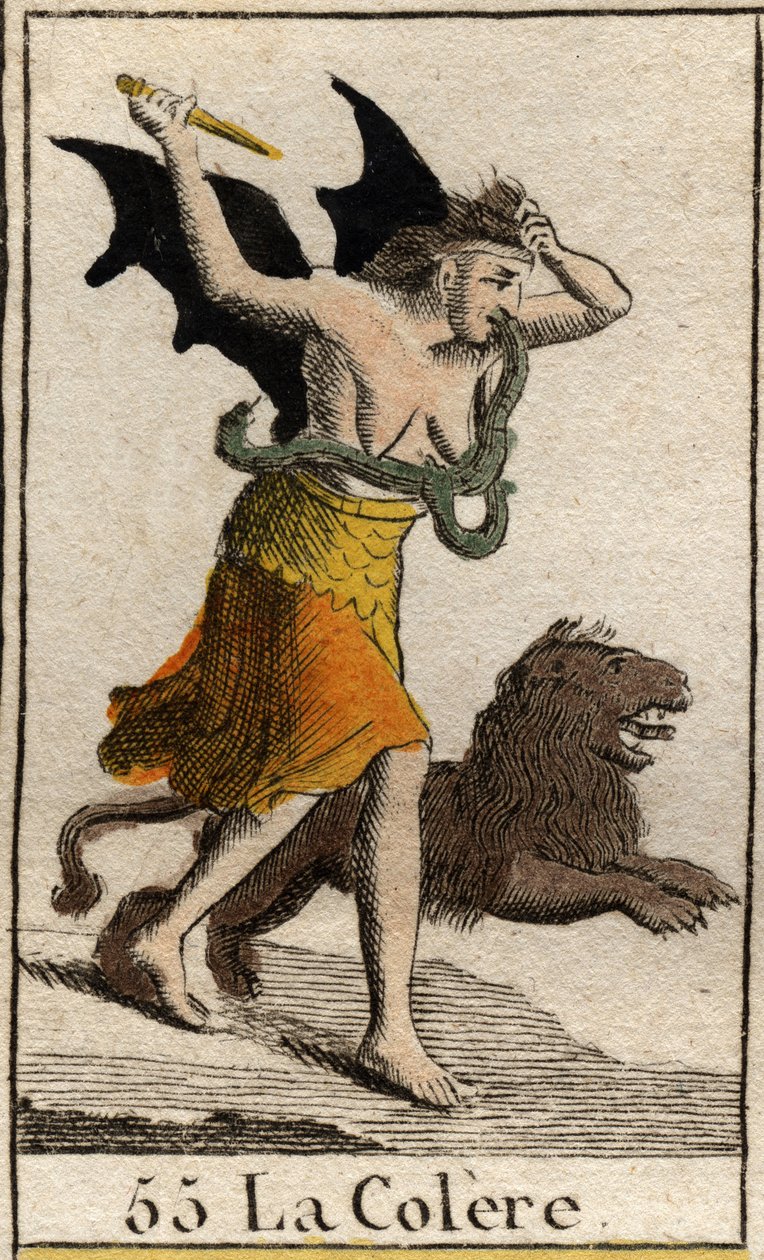Representation of Anger, dressed in tatters, she holds a knife and tears off her hair. From 