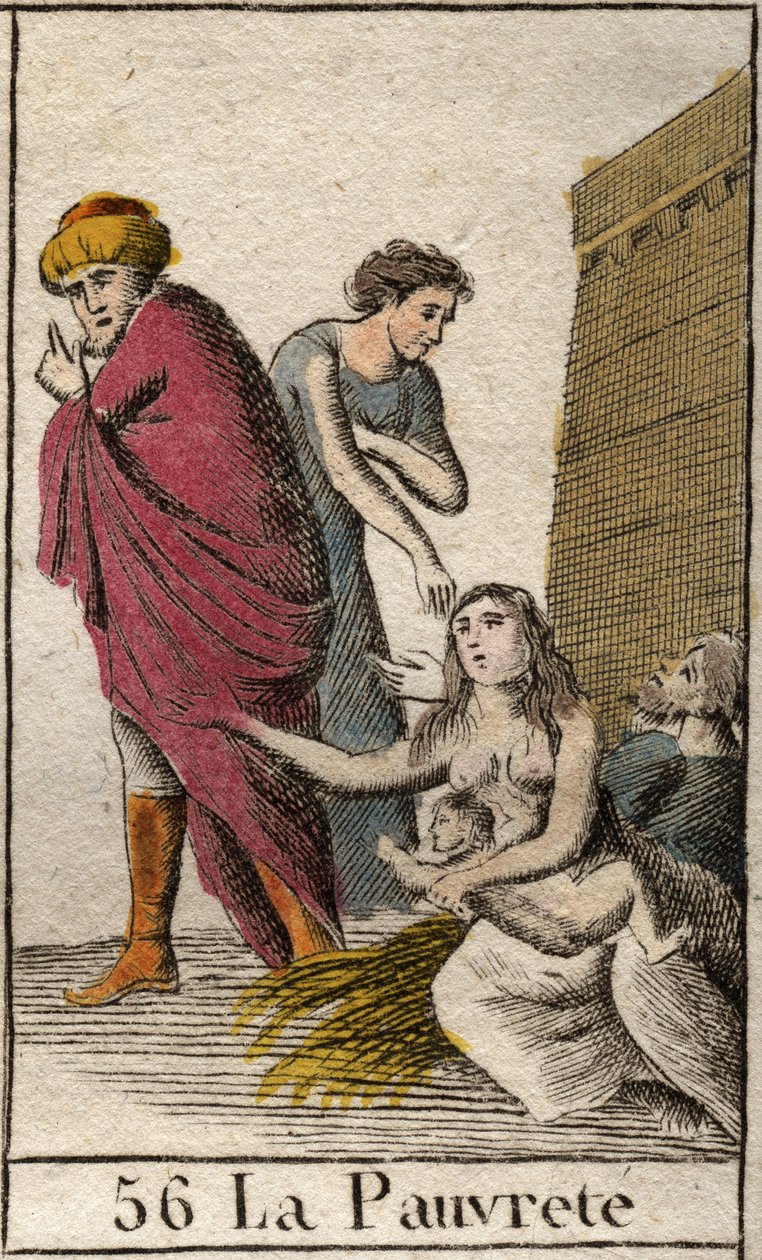 Representation of Poverty, barefoot and clothed in shards, sitting on straw. From “Mythology of Youth” by Pierre Blanchard 1803. by French School