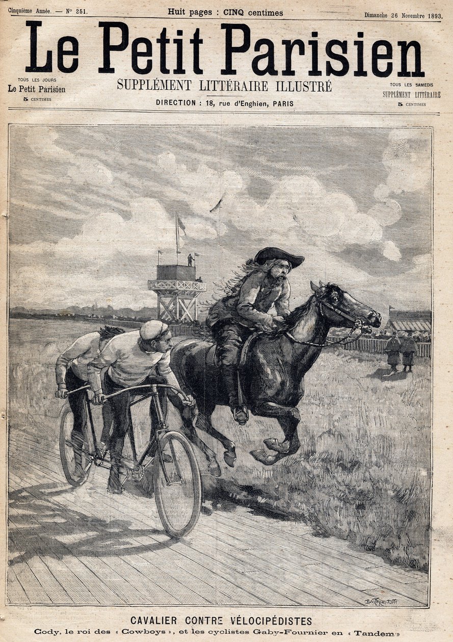 A rider raced against velocipedists: William Frederic Cody, known as Buffalo Bill, and cyclists Gaby and Fournier in Tandem. In Le Petit Parisien on 11/26/1893 (engraving) by French School