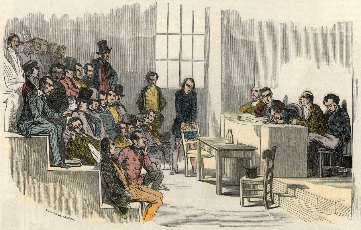 A seance of the contest of aggregation at the Sorbonne in Paris in the 19th century - Engraving from 
