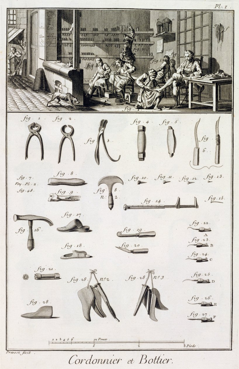 A shoe and bootmaker and their tools, from the Encyclopedie des Sciences et Metiers by Denis Diderot published c.1770 by French School