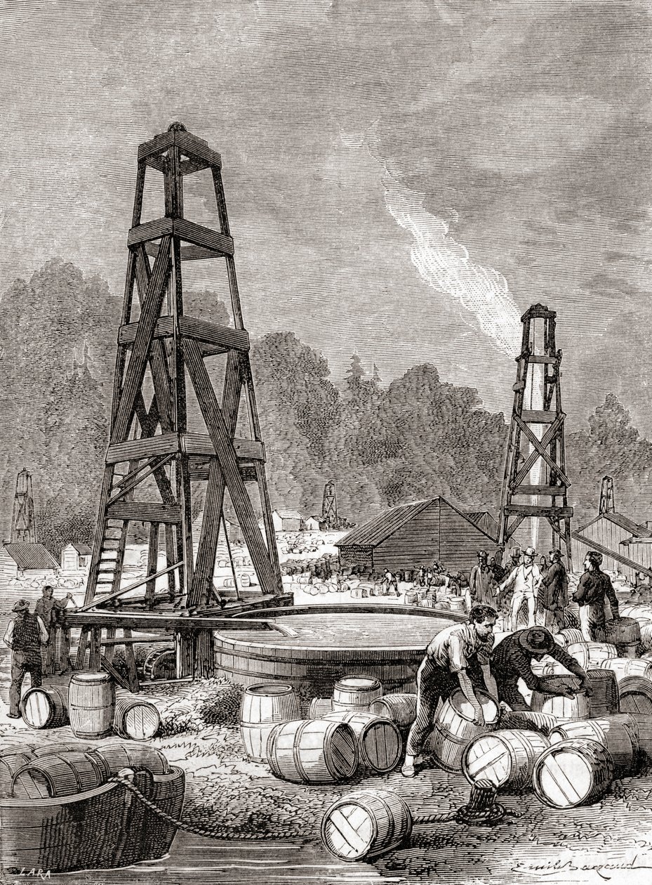 A source of petroleum at Oil Creek on the Allegheny River, Pennsylvania, U.S.A. in 1858, discovered by Edwin Laurentine Drake, aka Colonel Drake, from 
