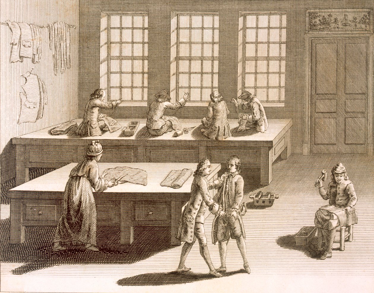 A tailors workshop, from the Encyclopedie des Sciences et Metiers by Denis Diderot published c.1770 by French School
