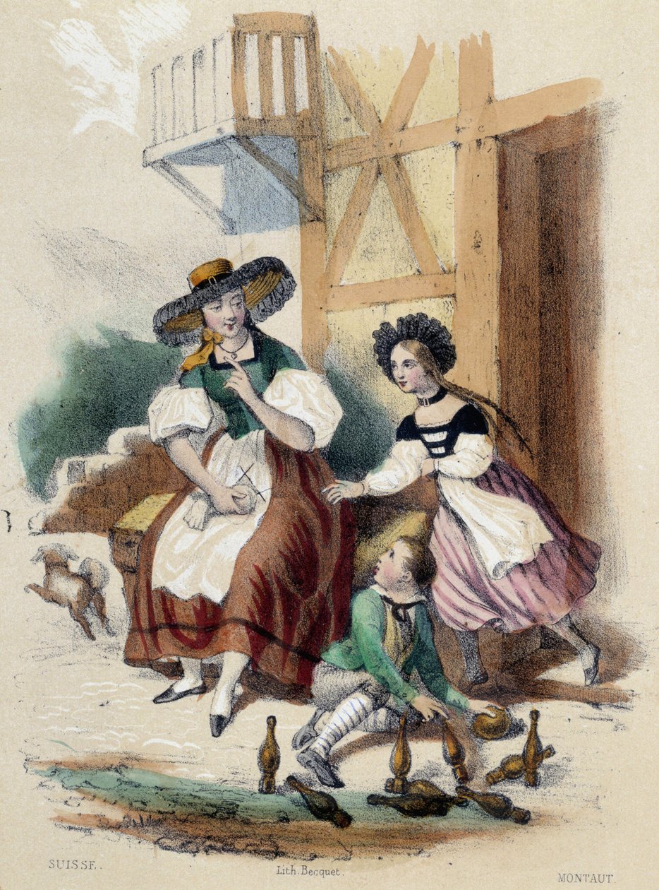 A woman and 2 children playing bowling; illustration for Switzerland - in “The Twelve Nations” by M.E. Fouinet by French School