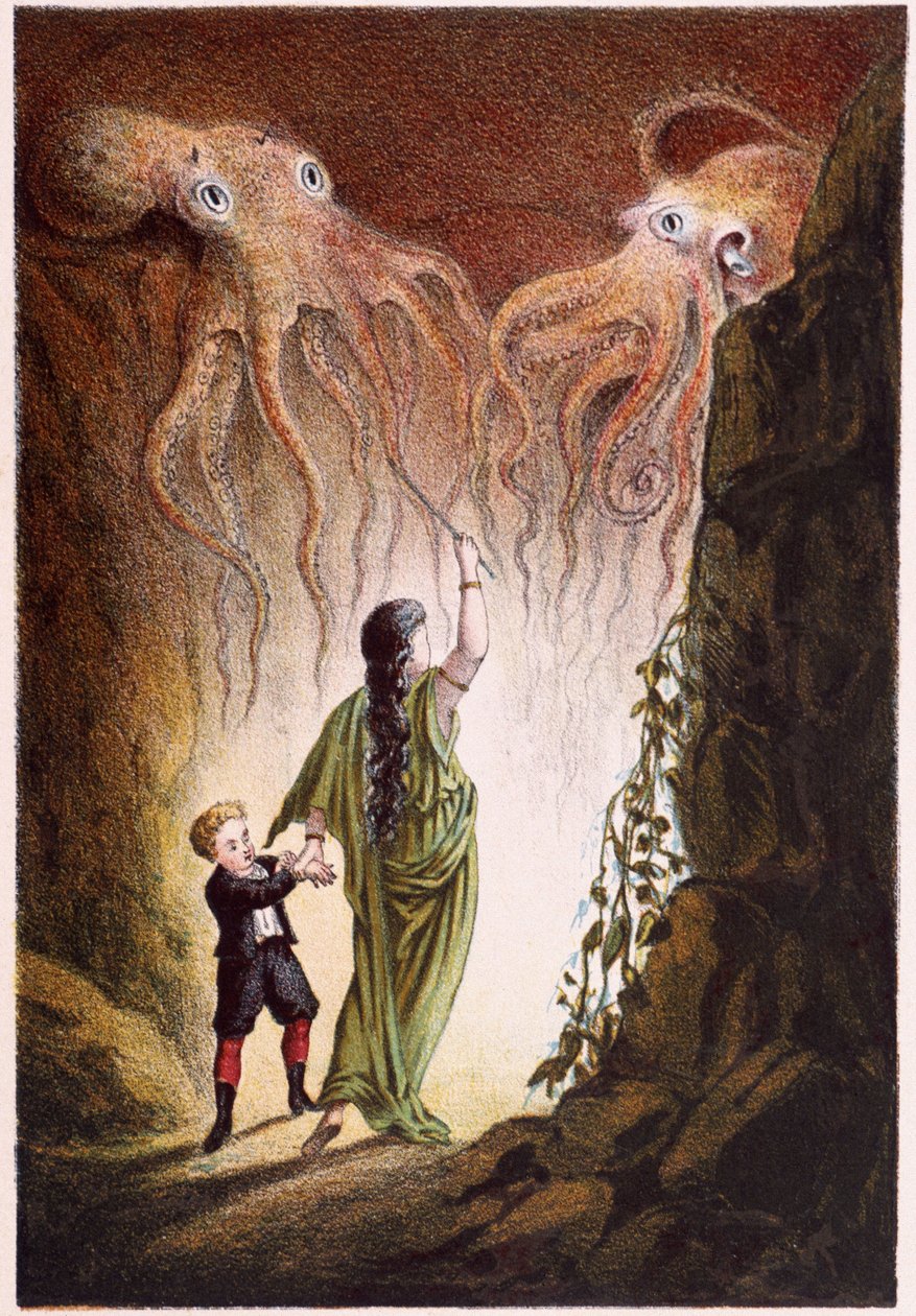 A Woman and a Boy Attacked by Two Giant Octopuses - in Journey to the Bottom of the Sea by H. de la Blanchère by French School