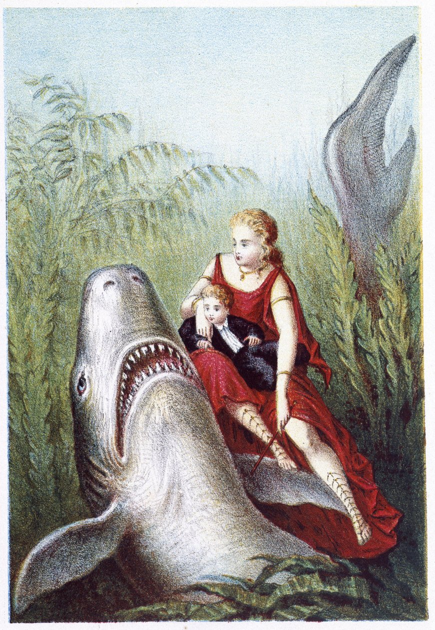 A woman and a boy riding on a shark - in 