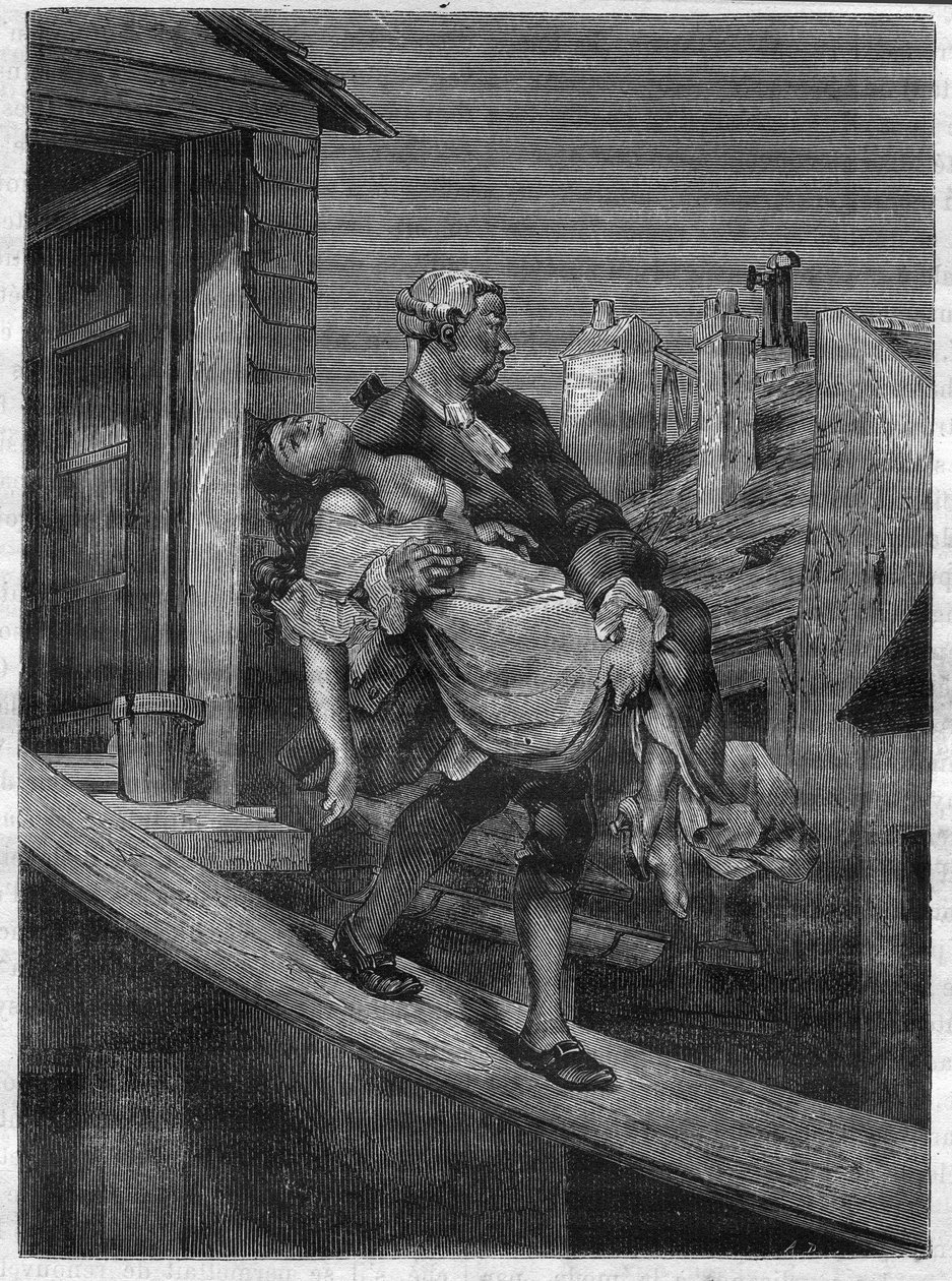 A young girl is taken away for the pleasures of King Louis XV at the Deer Park. Engraving in 