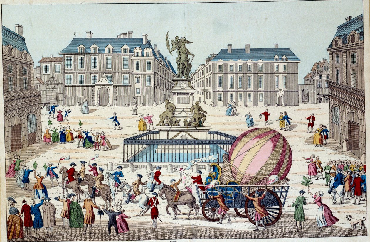 Aerostat: the second attempt to fly on a balloon. The entire aerostatic globe of Charles and Robert in Paris, after a trip on a hydrogenic gas balloon, on 02/12/1783. Anonymous 18th century print. Paris, decorative arts by French School