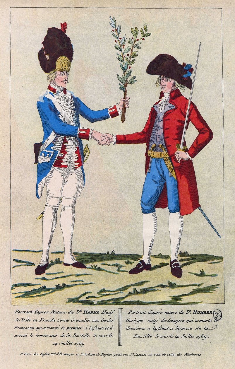 After nature portrait of Sieur Harne, Grenadier and Sieur Humbert, watchmaker. They were the first men to be attacked during the capture of the Bastille on 14 July 1789. Engraving from 1790 by French School