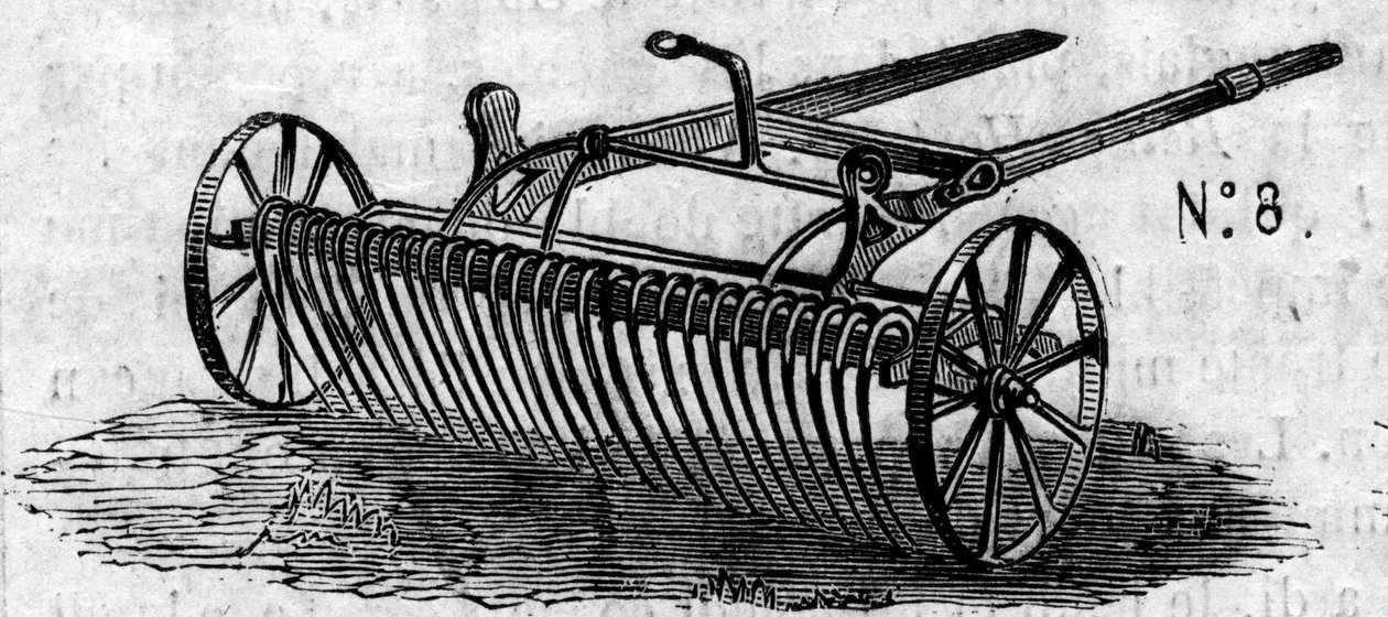 Agricultural machine: an English horse rake presented at the Paris agricultural competition in 1860. Engraving in Le Monde Illustré n°169 of 7 July 1860. by French School