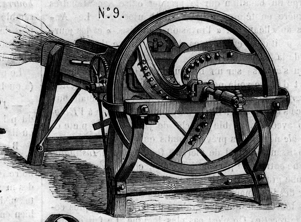 Agricultural machine: an English straw axe presented at the Paris agricultural competition in 1860. Engraving in Le Monde Illustré n°169 of 7 July 1860. by French School