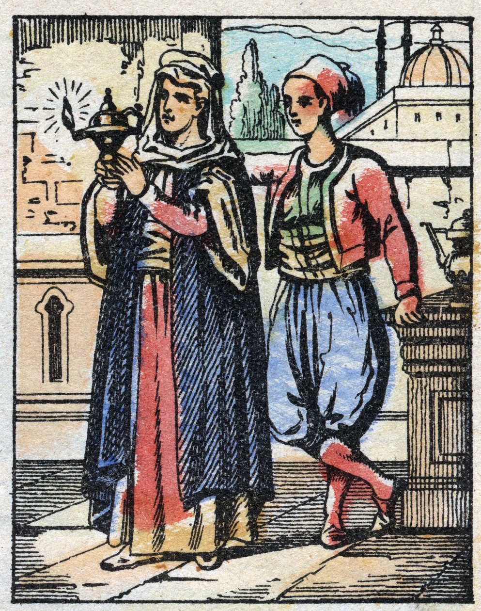 Aladdin wears the magic lamp to his mother. Engraving of the tale of Thousand and One Nights 