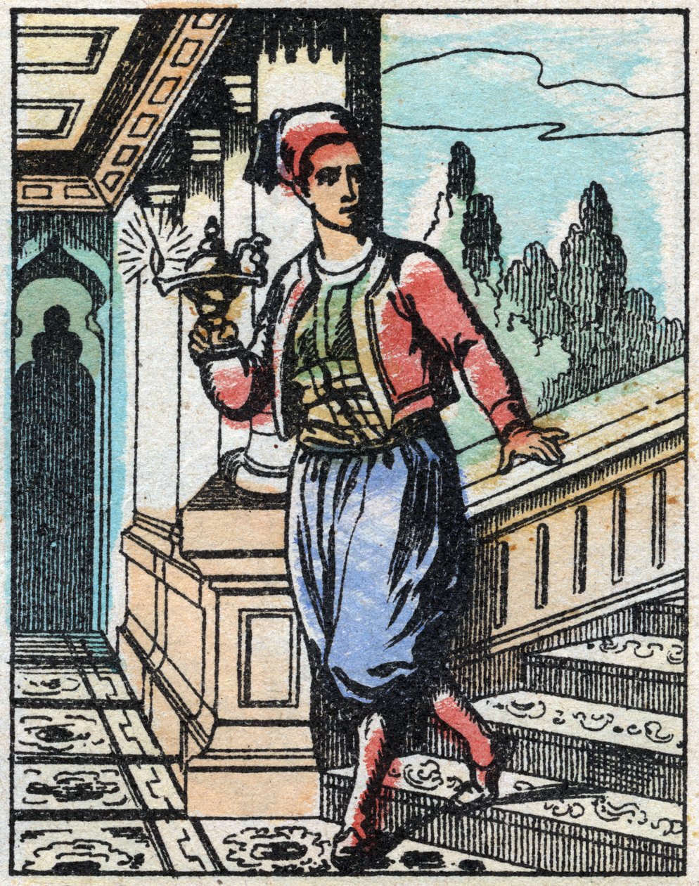 Aladdin with the magic lamp no longer finds his way. Engraving of the tale of Thousand and One Nights 