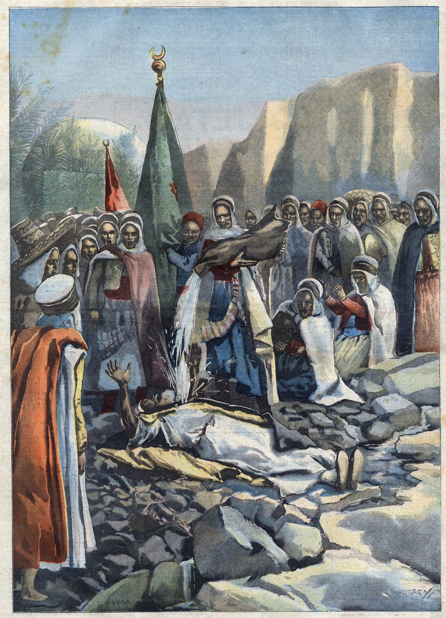 Algerian dry: a marabout lies on the ground and asks Allah for rain, in 