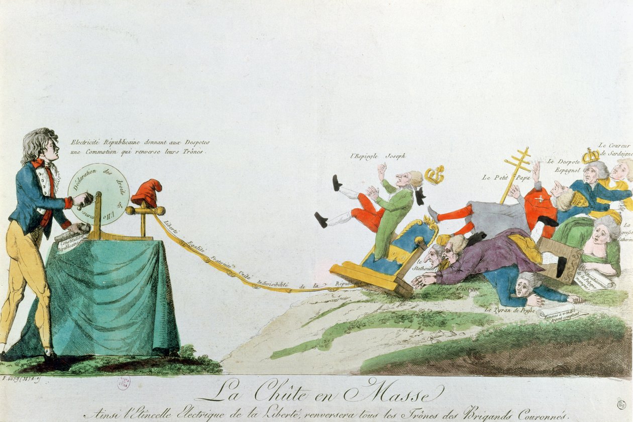 All fall down, the electricity generated by the Declaration of the Rights of Man during the French Revolution overturns the thrones and monarchs of Europe, c.1793 by French School
