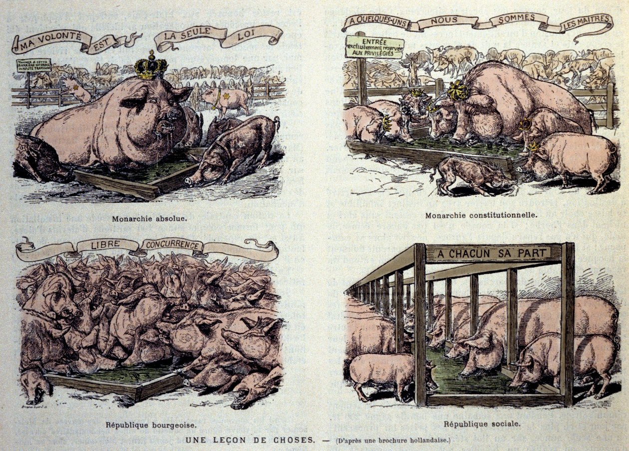 Allegories of the different types of government: the absolute monarchy, representing a well-fed pig and crowns 