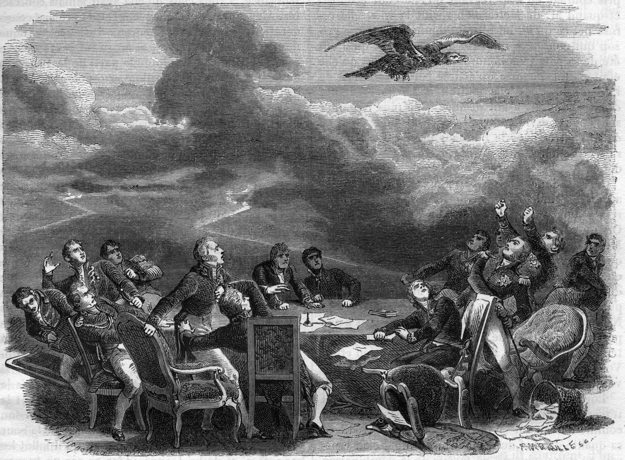 Allegory of the end of the Vienna Congress in 1815 - extraordinary agitation of diplomats learning the debarkation of Napoleon - in 