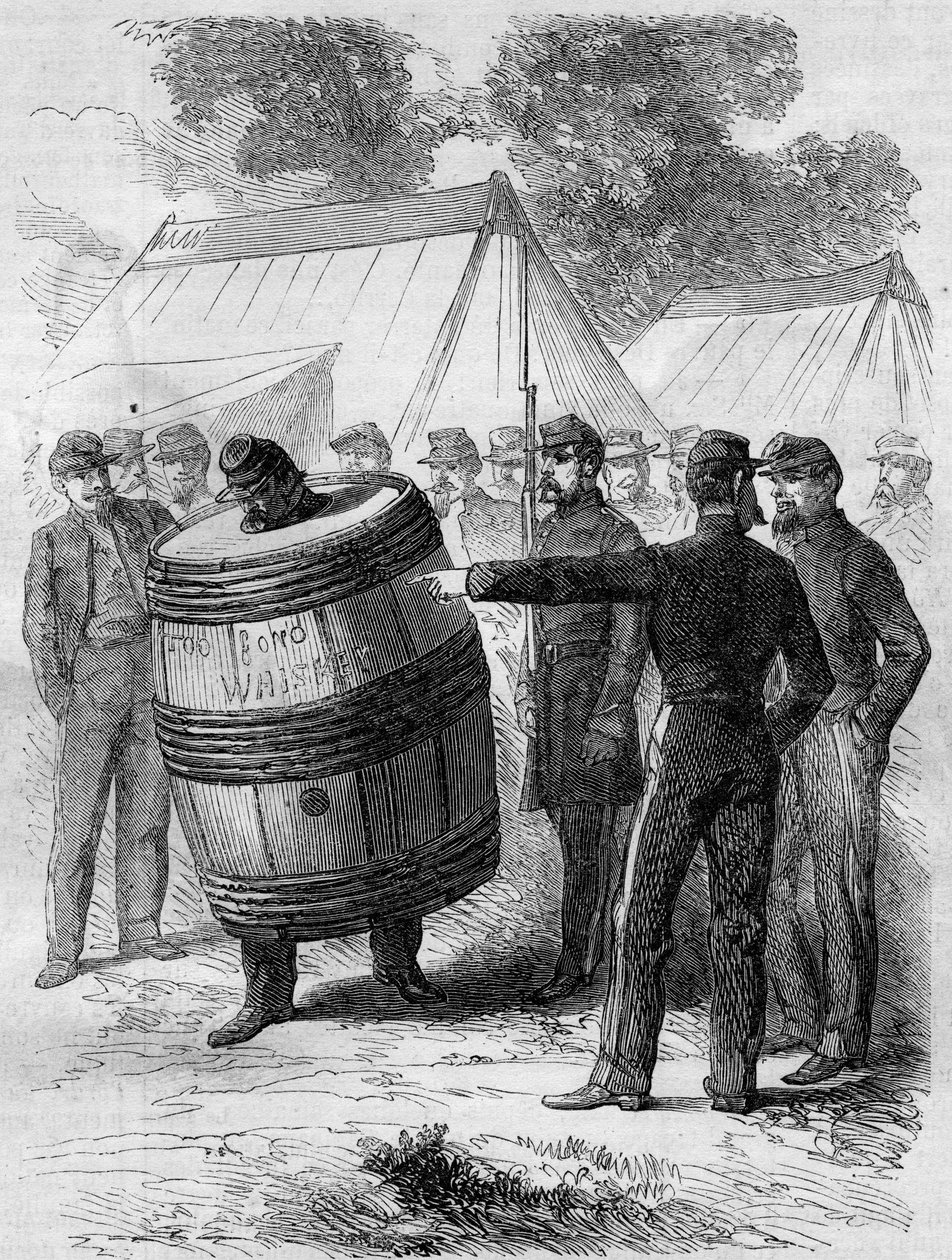 American Civil War (1861-1865): punishment of a drunk soldier of the Confederate army. He is wearing a barrel and walking through the camp under the amusing gaze of other soldiers. Engraving in 