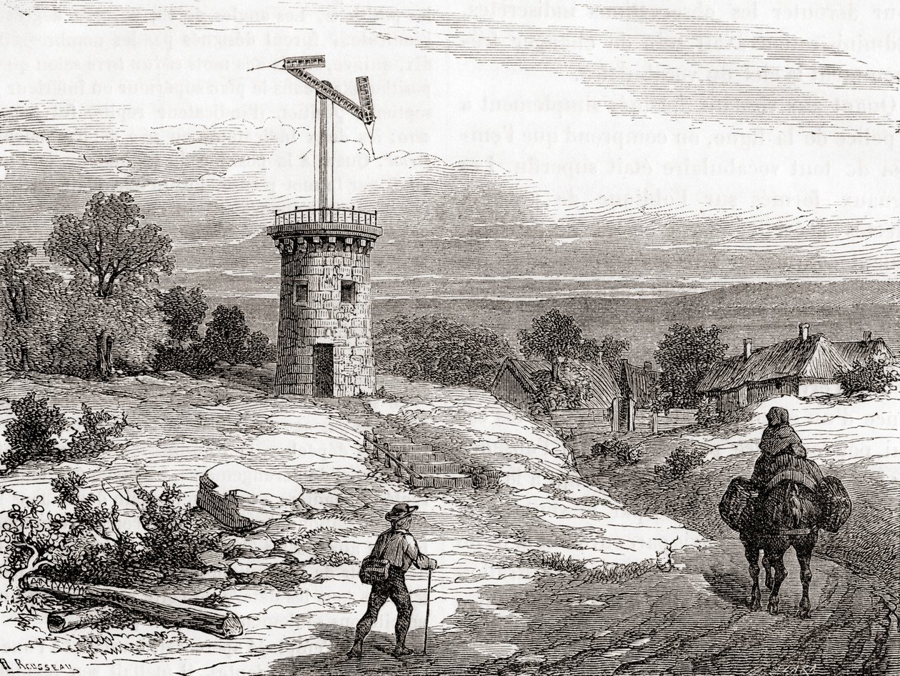 An aerial telegraph post in the 18th century, from Les Merveilles de la Science, published c.1870 by French School