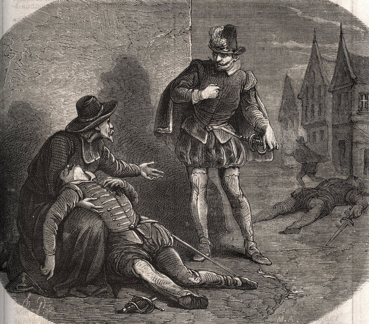 An emissary of the King of France Henry III (1551-1589) was found dying in the streets of Rome in 1582. He carried a compromising message from the king concerning his sister, Marguerite de Valois (1553-1615), known as Queen Margot. Engraving from 1871 in 
