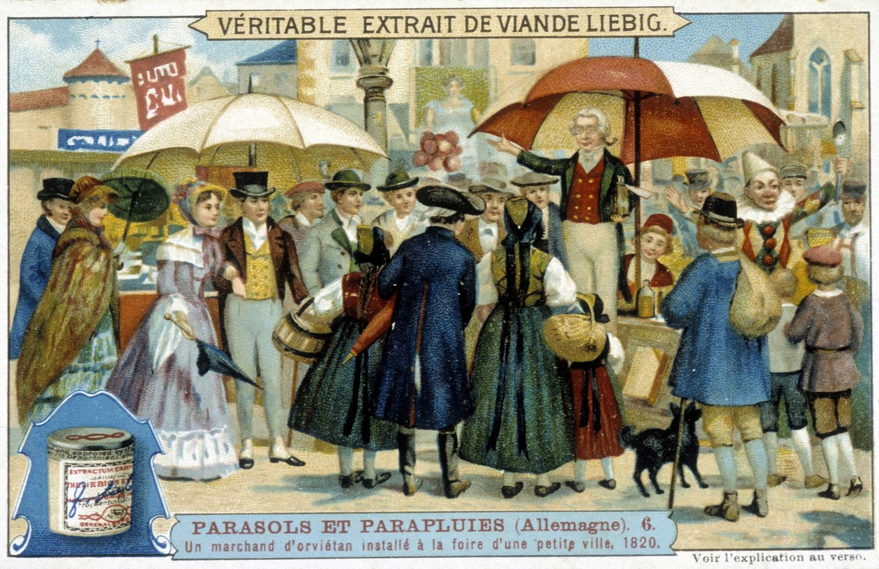 An orvietan merchant (charlatan) installed at the fair of a small town in Germany - Advertising label Liébig, c.1900 by French School
