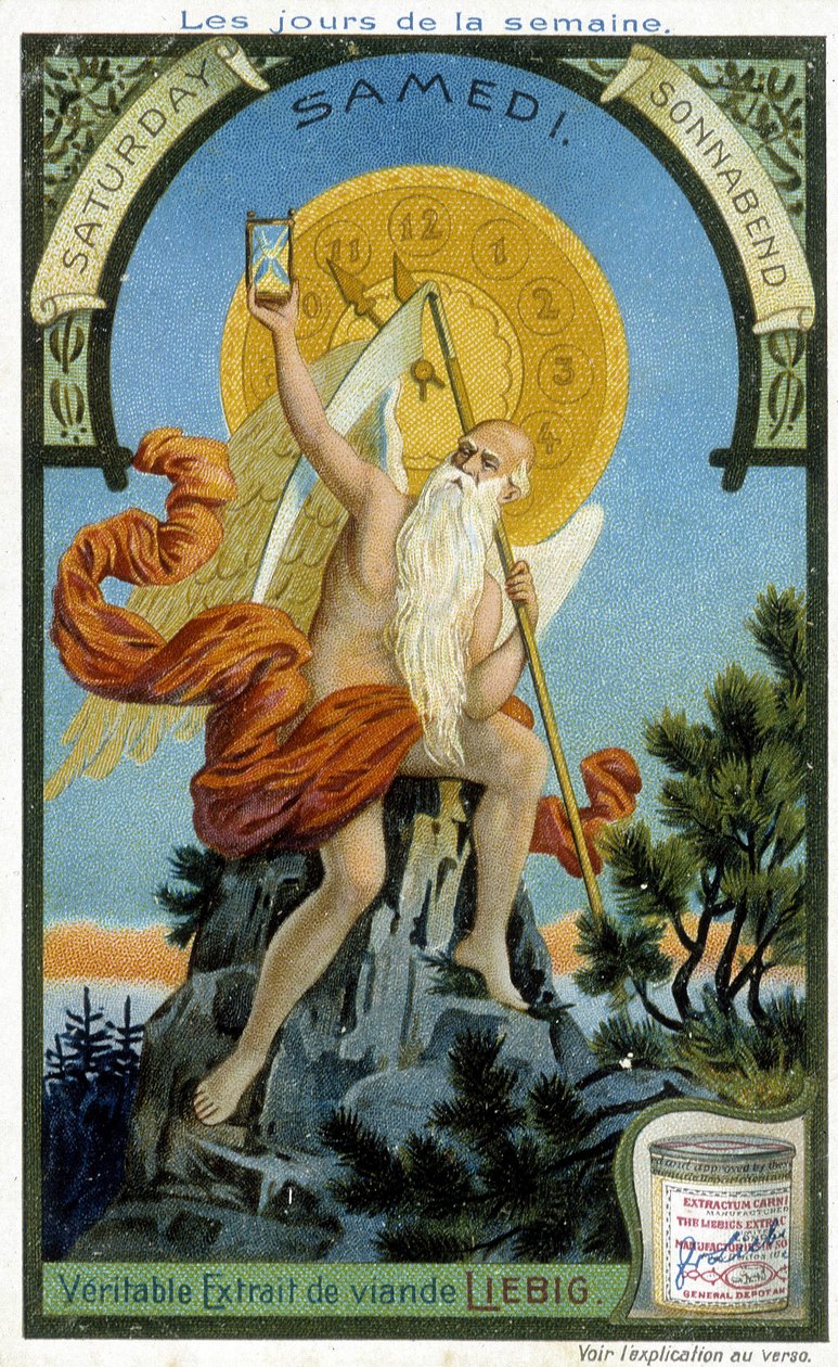 Ancient Divinity holding an hourglass as a symbol of time passing to illustrate Saturday. Liebig Chromolithographic Advertising Card by French School