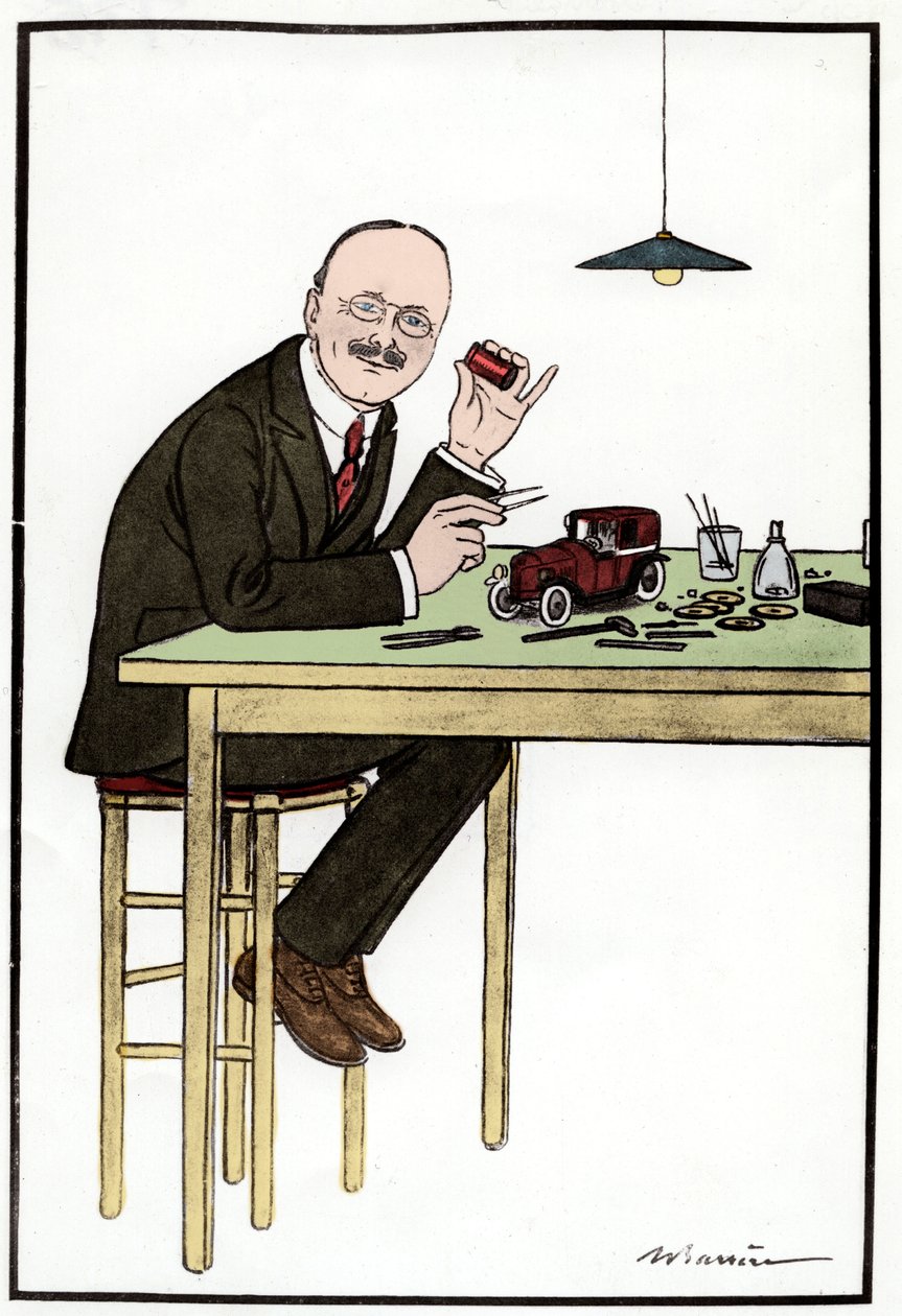 Andre Citroen Making a Model Car; Drawing by Barriere by French School