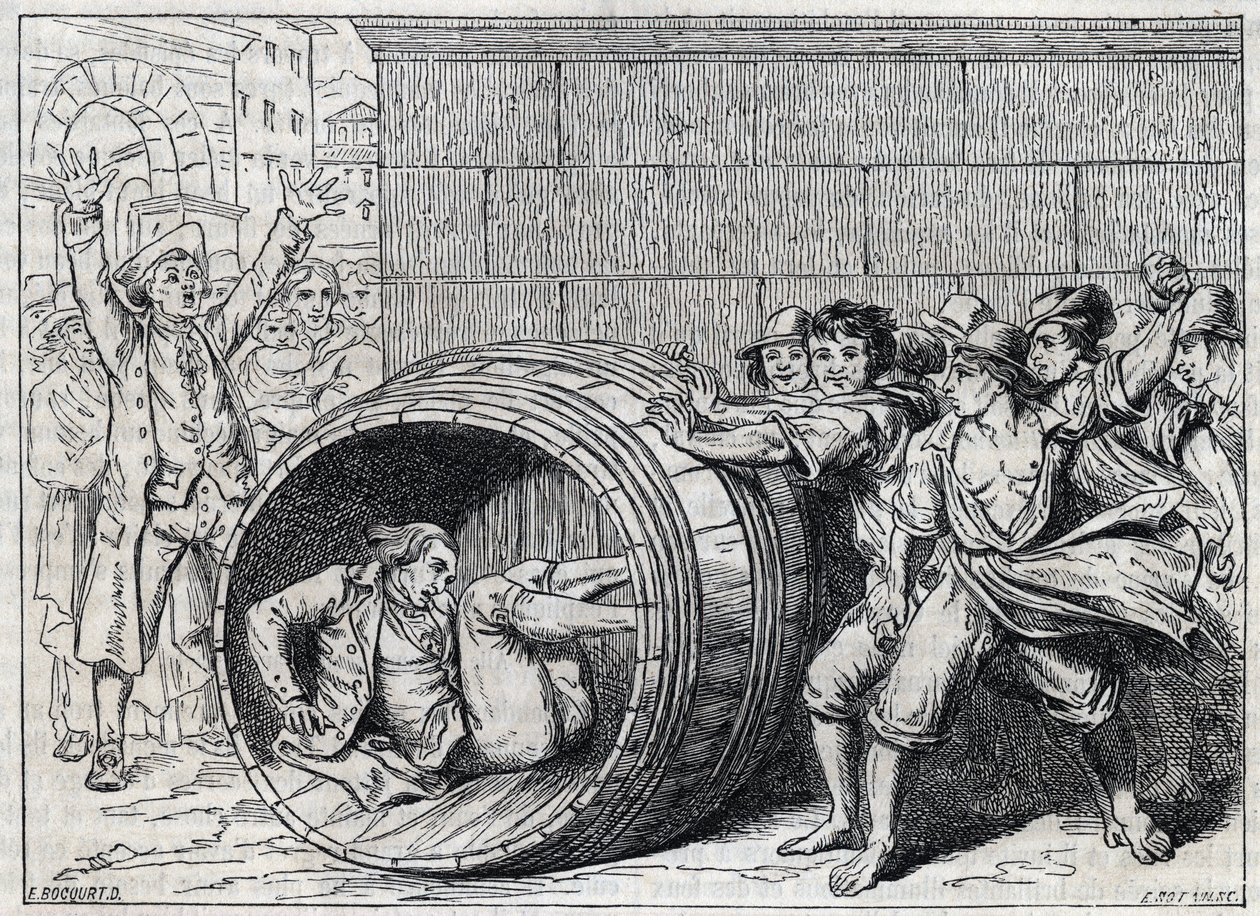 Antisemite persecution in the 17th century: a Jew rolls in a barrel by inhabitants of Rome. Illustration of 